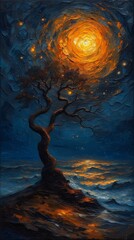 tree hill bright sun background swirling bioluminescent energy under sea stars bathed glow fire radiate connection above below wake unseen object standing moonlight