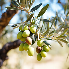 close-up of a fresh ripe hojiblanca olives hang on branch tree. autumn farm harvest and urban gardening concept with natural green foliage garden at the background. selective focus
