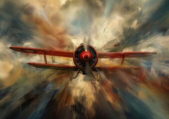 red airplane flying cloudy sky crazy racer spinning young fury explosion angered - obrazy, fototapety, plakaty