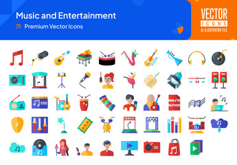 Set of music icons. music and entertainment web icons in flat style. music note, mic, guitar, piano, drum, trumpet icon collection. Flat icons pack. vector illustration ai eps file
