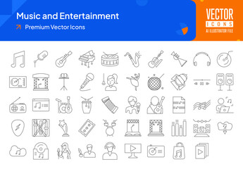 Set of music icons. music and entertainment web icons in thinline style. music note, mic, guitar, piano, drum, trumpet icon collection. Line icons pack. vector illustration ai eps file