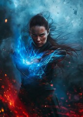 closeup woman holding blue fireball kylo highly fighting stance energy banner three guilders magician screen portrait female ranger bifrost