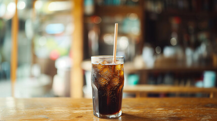 Un cola frais servi en verre avec une paille dans un bar