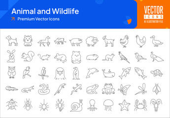Set of wildlife icons. animals and wildlife web icons in thinline style. dog, cat, chicken, rabbit, parrot icon collection. Line icons pack. vector illustration ai eps file