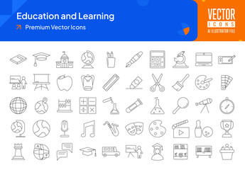 Set of education icons. education and learning web icons in thinline style. book, school, pencil, globe, ruler, eraser icon collection. Line icons pack. vector illustration ai eps file