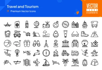 Foto op Aluminium Set of travel icons. travel and tourism web icons in line style. airplane, passport, suitcase, camera, map, compass icon collection. Line icons pack. vector illustration ai eps file © Blinix Solutions