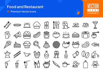 Set of food icons. food and restaurant web icons in line style. fork, knife, food, menu, chef hat, tea cup icon collection. Line icons pack. vector illustration ai eps file
