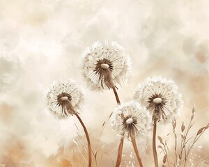 three dandelions grass color delicate soft hazy lighting wish resign puffballs white petal weeds
