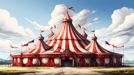 a large red and white striped circus tent - obrazy, fototapety, plakaty