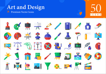 Set of art icons. art and design web icons in flat style. palette, brush, pen, ink, color wheel, art studio icon collection. Flat icons pack. vector illustration ai eps file