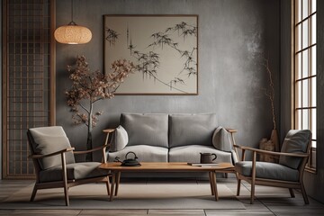Gray sofa and gray armchair in a Japanese style room with a cream colored wall