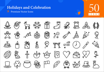 Set of holidays icons. holidays and celebration web icons in line style. tree, santa, stoking, gift, gingerbread, party hat icon collection. line  icons pack. vector illustration ai eps file