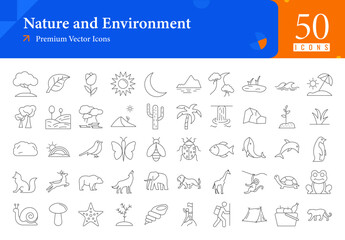 Fototapeta premium Set of nature icons. nature and environment web icons in thinline style. tree, leaf, sun, moon, mountain, river icon collection. Line icons pack. vector illustration ai eps file