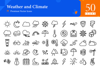 Obraz premium Set of weather icons. weather and climate web icons in line style. thunderstorm, wind, tornado, fog, mist icon collection. line icons pack. vector illustration ai eps file