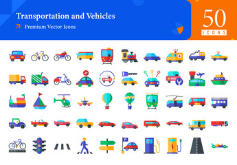 Set of transportation icons. transportation and vehicles web icons in flat style. car, taxi, subway, bicycle, motorcycle logistics icons. flat icons pack. vector illustration ai eps file