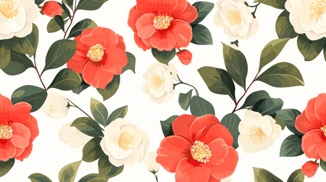  White background pattern with illustrations of camellia flowers