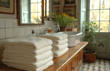 Fototapeta na wymiar Stack of clean towels on countertop in bathroom. Space for text