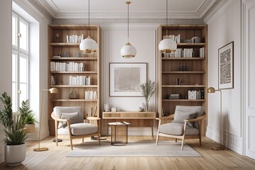 Interior of a chic living area, office lounge, or home library with white walls, a wooden floor, two cozy armchairs, and a bookcase made of gray and wood. fake vertical poster frame