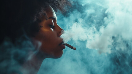 woman smoking a cigarette. Cigarette smoke spread. - obrazy, fototapety, plakaty