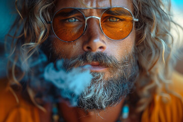 A rastaman hippie looking man with a beard and long hair smokes a cigarette. Grunge background. - Powered by Adobe