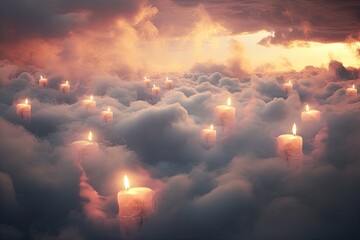 Fototapeta premium Candles in the clouds create a dreamlike, peaceful scene.