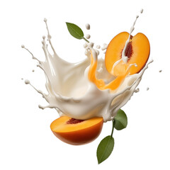 realistic fresh ripe apricot with slices falling inside swirl fluid gestures of milk or yoghurt juice splash png isolated on a white background with clipping path. selective focus - obrazy, fototapety, plakaty