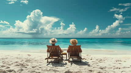 Couple relax on the beach enjoying beautiful sea on the tropical island. Summer beach vacation concept
