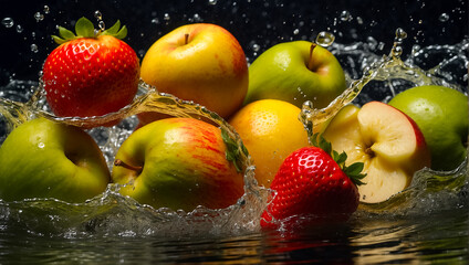 Naklejka premium Fresh ripe fruit and strawberry, water drops, splashing
