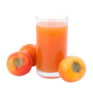 glass of 100% fresh organic fuyu persimmon juice with sacs and sliced fruits png isolated on white background with clipping path. selective focus