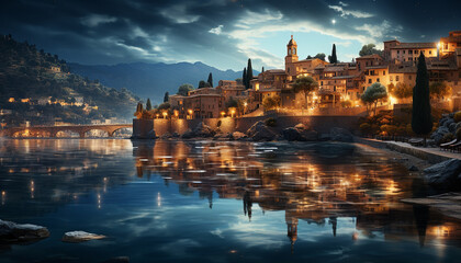 Ancient cityscape illuminated by sunset, reflecting in water generated by AI