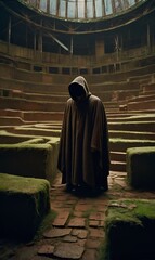 A man in period garb, a cloak with a hood on his head against the backdrop of a severely crumbling building
