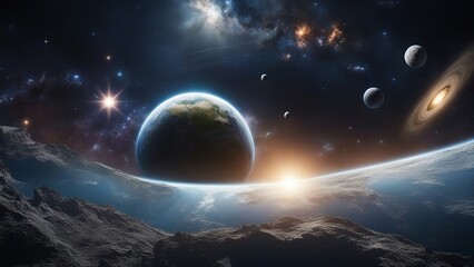 earth and moon  A space scene with the Earth, galaxies, stars, comet, asteroid, meteorite, nebula, and Saturn.  