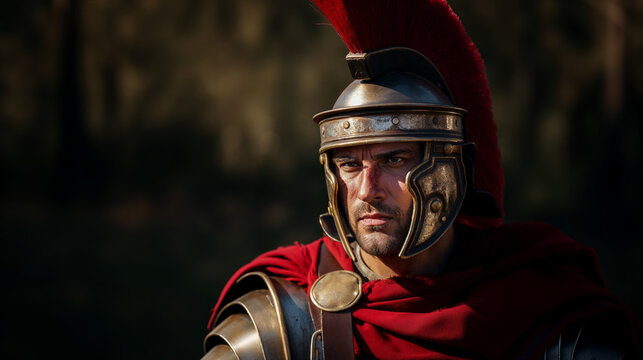 Man portraying ancient Roman soldier with detailed helmet and armor, red plume, gazing into distance with focused expression, set against blurred forest backdrop.
