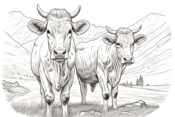 Hand-Drawn Engraving Style: Pair of Alpine Cows in Vector Art