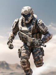 3D CG rendering of soldier in space suit with assault rifle.