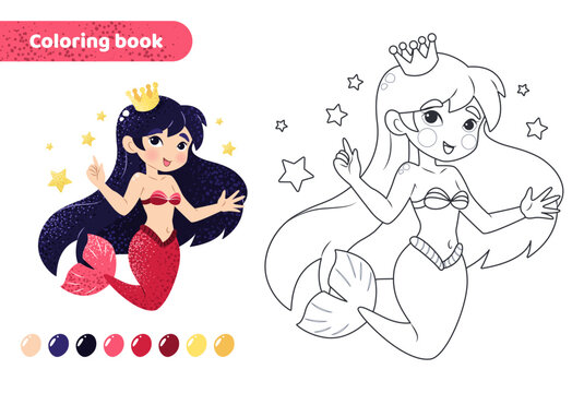 Coloring book for kids. Worksheet for drawing with cartoon mermaid. Cute magical creature with crown and stars. Coloring page with color palette for children. Vector illustration. 