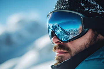 Portrait of man in ski goggles with the reflection of snowed mountains. Winter sports