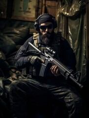 Fototapeta na wymiar Portrait of a special forces soldier with a machine gun on a dark background