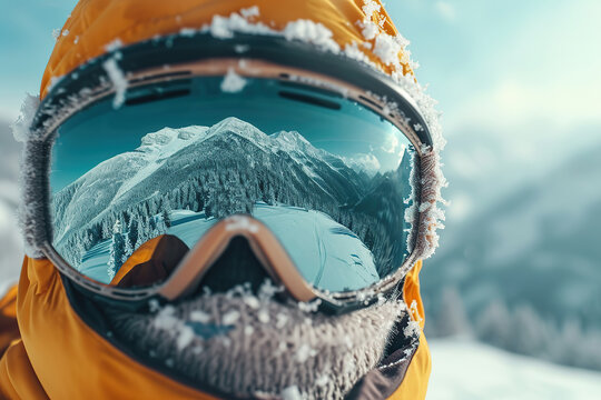 Portrait of man in ski goggles with the reflection of snowed mountains. Winter sports