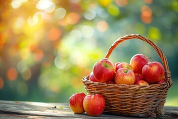 Autumn harvest and thanksgiving concept. Apples in basket on wooden table over blurred apple tree bokeh background.