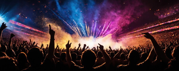 A spectacular firework display illuminates the sky above a crowd of enthusiastic concert-goers,...