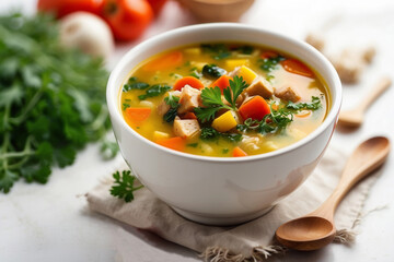 Photo of a bowl of vegetable soup with parsley