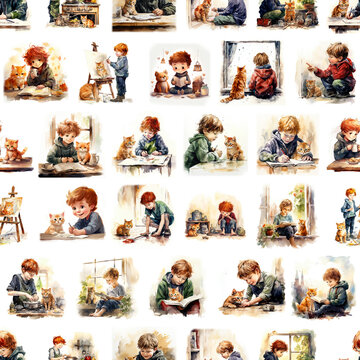 Seamless background with cute images of a red boy and a red cat in different life situations. Watercolor illustration for wallpaper, fabric, wrapping paper.
