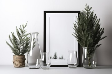 Against a white background, a vase with a fir branch and an empty frame are placed. Draft for a design