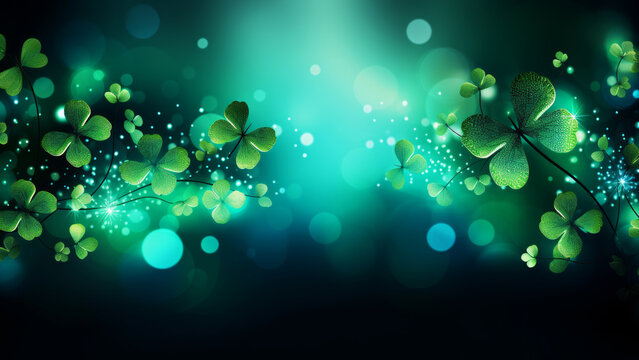 Dreamy background with green four clover good luck leaves on dark background with blurred bokeh, happy saint Patrick's day