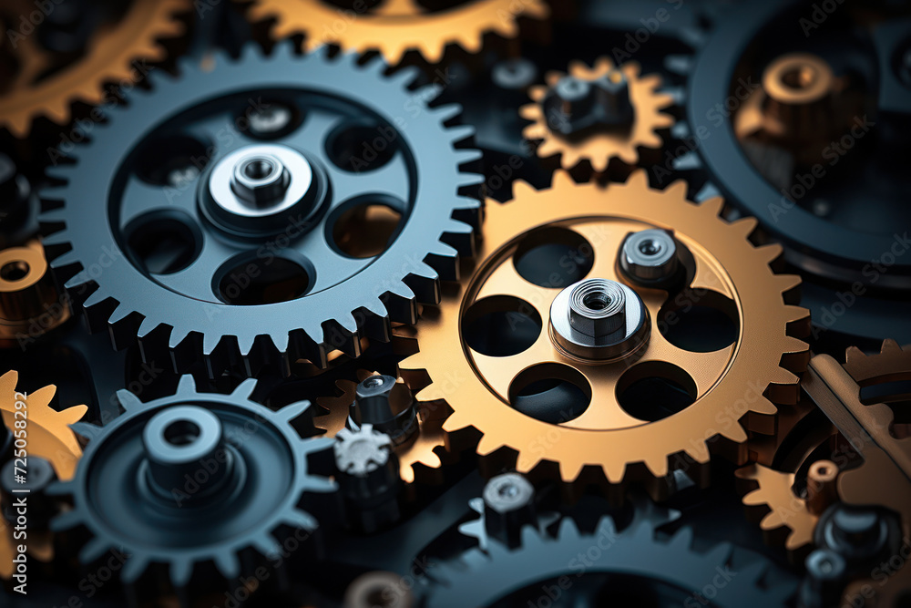 Poster a pattern of interlocking gears and cogs, offering a mechanical and industrial background for text r