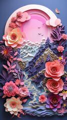 A stylized landscape with a river flowing in a mountain valley, decorated with paper flowers. Paper art and craft style.
