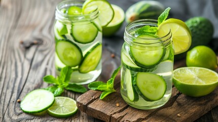 Infused water with lime and cucumber on wooden table. Detox, diet, healthy eating or weight loss. concept background.