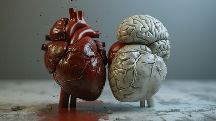 Striking Balance Between Rational Thinking and Emotional Intelligence: A Heart and Brain 3D Rendering - obrazy, fototapety, plakaty