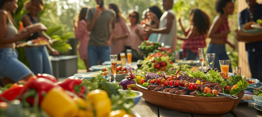 Vibrant Outdoor Dining with Grilled Delicacies and Fresh Veggies